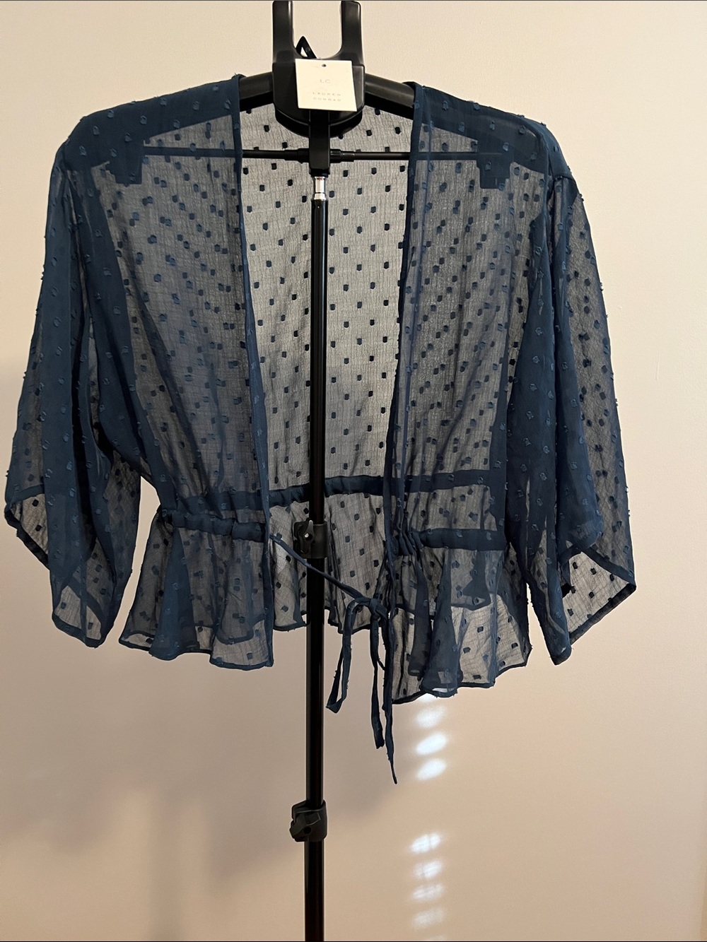 LC Lauren Conrad Navy Sheer Dot Tie-Front Blouse